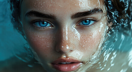 Poster - A close-up of the face and neck, a beautiful woman with blue eyes floating in water, swimming pool background, fresh skin tone, clear facial features