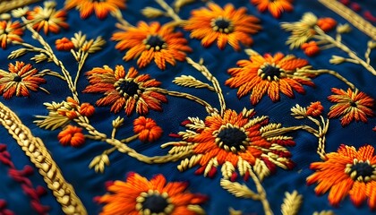 Exquisite close-up of intricately embroidered fabric showcasing luxurious gold, orange, and black threads with a rich, textured surface