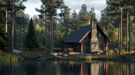 Wall Mural - Cabin by the Lake in the Woods