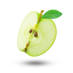 Wall Mural - Flying green apple slice with leaf has water drop isolated on white background.