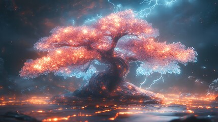 Wall Mural - A glowing tree with lightning strikes in the background.