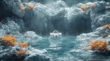 A white leather handbag sits in a mystical, white rock landscape with a waterfall and orange foliage, surrounded by clear water.