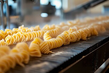 Wall Mural - Close-up of Raw Rotini Pasta on a Conveyor Belt