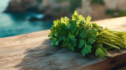 Generative AI Image of Fresh Harvested Organic Green Parsley Bundle on Wooden Table Light Wallpaper