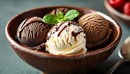 Delicious closeup of indulgent ice cream scoops in a bowl, featuring vanilla, chocolate, and a surprising flavor, ideal for summer dessert enjoyment.