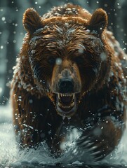 Wall Mural - A large brown bear with bared teeth walks through a snowy forest, water splashing around its paws.