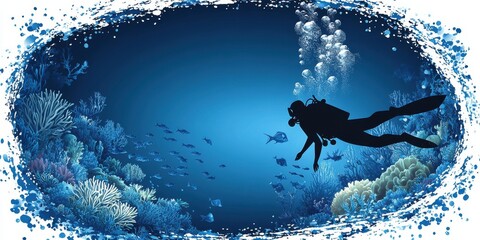 Wall Mural - Serene Scuba Diving Experience Exploring Vibrant Coral Reefs and Ocean Depths with Accompanying Marine Life Against a Stunning Blue Backdrop