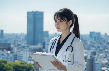 Wall Mural - A Japanese female doctor in a white coat holds a medical notebook, viewed from the side with office buildings and a skyline in the background