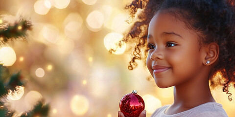 Poster - A young girl hanging a Christmas bauble on the tree. Festive and colorful blurred background. 