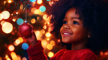 Poster - A young girl hanging a Christmas bauble on the tree. Festive and colorful blurred background. 