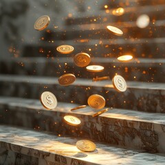 Wall Mural - Golden Coins Falling on Marble Stairs