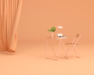 Wall Mural - Peach fuzz monochrome minimal office table desk. Minimal idea concept with Acrylic table chair for study desk, plant pot and workspace. Mockup template, 3d rendering