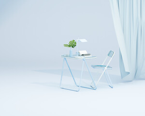 Wall Mural - Pastel blue monochrome minimal office table desk. Minimal idea concept with Acrylic table chair for study desk, plant pot and workspace. Mockup template, 3d rendering	