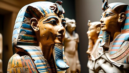 Vibrant ancient Egyptian statues and artifacts showcased in a museum setting