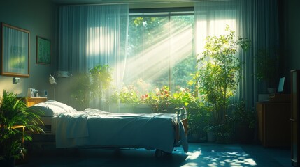 Poster - Sunlight Streaming Through Window in a Room with a Bed