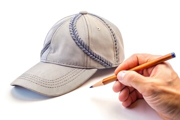 A creative hand holds a pencil, carefully sketching a detailed baseball cap with intricate stitching, texture, and folds on a blank white background.