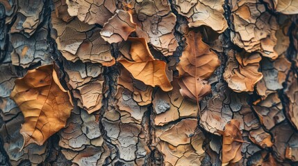 Close up of tree bark texture with dry leaves.