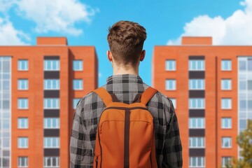 Wall Mural - student standing in front of a college dorm building, with excitement and anticipation for the new e