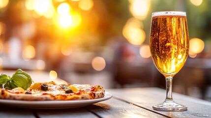 Canvas Print - A piece of pizza on a cafe table with a glass of beer. 