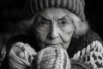 Poster - Black and White Portrait of an Elderly Woman in a Knitted Hat and Gloves