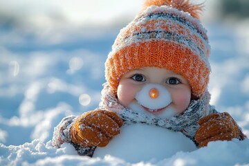 Poster - Cute baby playing in the snow with a snowman