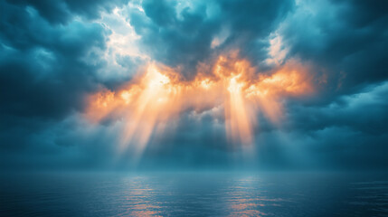 Wall Mural - a beautiful blue sky with sun rays illuminating the clouds from behind.