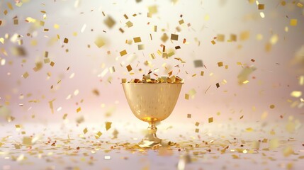 A golden chalice or goblet sits on a white surface with falling confetti. The background is a soft pink gradient.