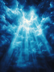 Wall Mural - a beautiful blue sky with sun rays illuminating the clouds from behind.