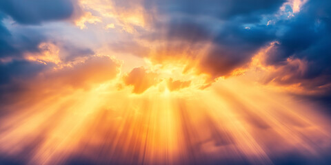 Wall Mural - a beautiful blue sky with sun rays illuminating the clouds from behind.