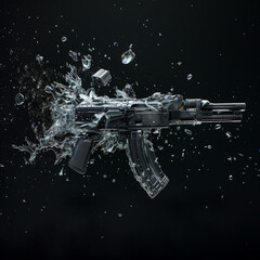 Assault Rifle with Water Splash Explosion on Dark Background
