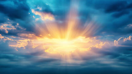 Wall Mural - a beautiful blue sky with sun rays illuminating the clouds from behind.