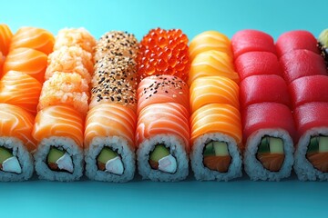 Wall Mural - Closeup of Colorful Sushi Rolls on Blue Background