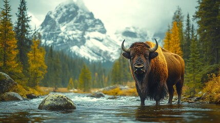 Wall Mural - a majestic bison stands in a shallow stream with snow-capped mountains in the background.