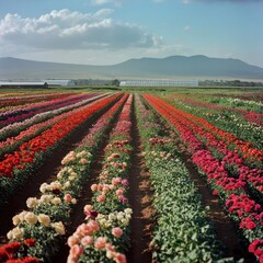 Canvas Print - Vibrant and Colorful Flower Fields Under Clear Skies with Mountain Backdrop in Blooming Season Captured from a Low Angle Perspective