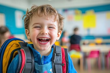 Child, face and laughing in school classroom or education with backpack for kindergarten, learning or joke. Boy, kid and portrait for study development on academy campus or student, humor or funny, ai