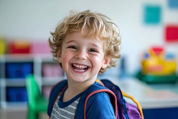 Child, face and laughing in school classroom or education with backpack for kindergarten, learning or joke. Boy, kid and portrait for study development on academy campus or student, humor or funny, ai