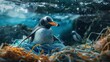 © sablengjago - A penguin sits in a nest of plastic debris, a stark reminder of the impact of pollution on wildlife.