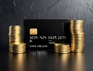 Investment growth and money saving concept with black credit card in front of stacks of coins on dark surface with empty background. 3D rendering, mockup (16)