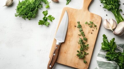 Wall Mural - Fresh Herbs and Wooden Cutting Board on White Background