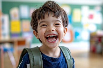 Wall Mural - Child, face and laughing in school classroom or education with backpack for kindergarten, learning or joke. Boy, kid and portrait for study development on academy campus or student, humor or funny, ai