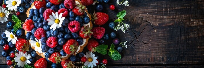 Sticker - Spring-themed fruit and berry cake on a dark wooden table viewed from above