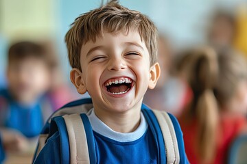 Wall Mural - Child, face and laughing in school classroom or education with backpack for kindergarten, learning or joke. Boy, kid and portrait for study development on academy campus or student, humor or funny, ai