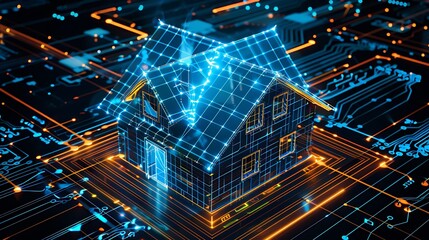 Wall Mural - 3D rendered image of a house on a circuit board, representing smart home technology and connectivity.