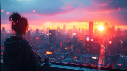 Poster - Woman gazing at the sunset over a bustling city