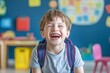 © Dzikrul Husnani - Child, face and laughing in school classroom or education with backpack for kindergarten, learning or joke. Boy, kid and portrait for study development on academy campus or student, humor or funny, ai