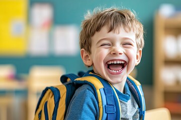 Wall Mural - Child, face and laughing in school classroom or education with backpack for kindergarten, learning or joke. Boy, kid and portrait for study development on academy campus or student, humor or funny, ai