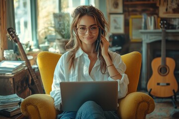 Poster - Young woman working on laptop in a cozy home