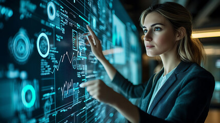 Wall Mural - A woman is pointing at a computer screen with a lot of graphs and numbers