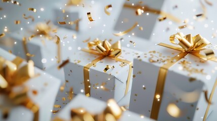 Sticker - White gift boxes with gold ribbon and confetti, a festive celebration.