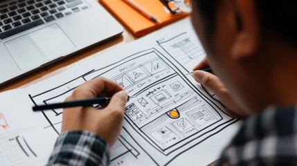 designer sketching website layout on paper.